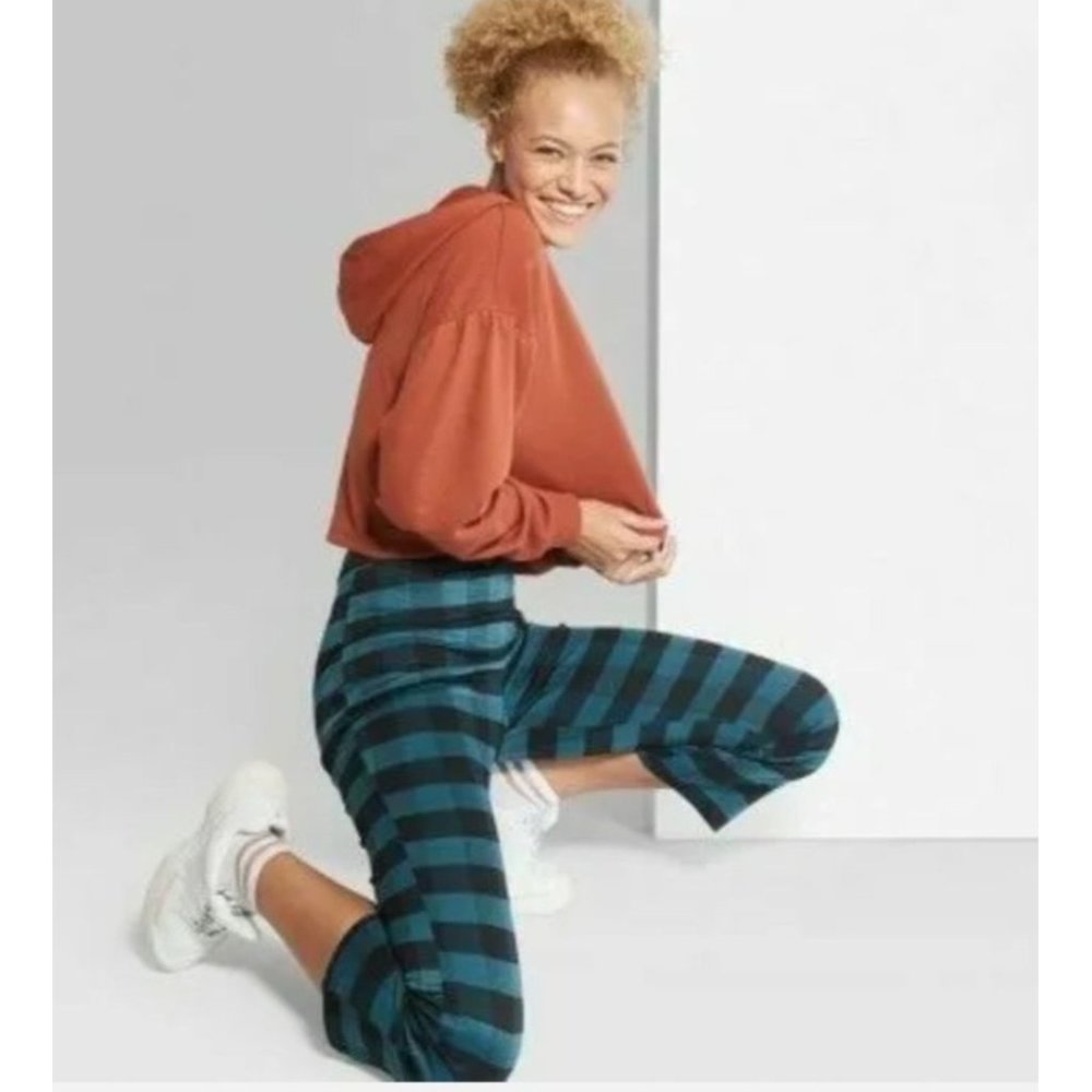 NEW Wild Fable Women's Plaid Cropped Borrowed Pants - Teal Size XS